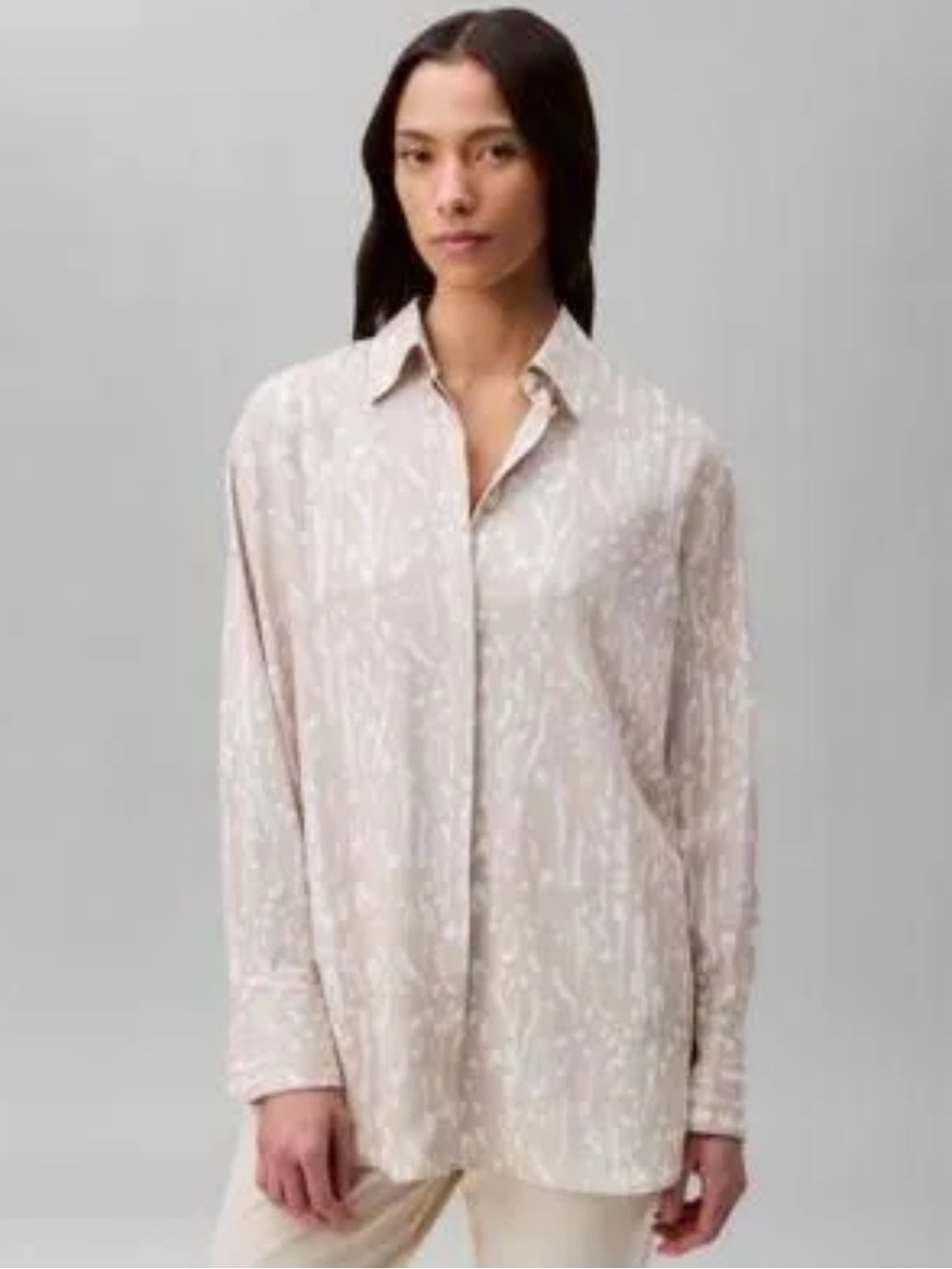 Calvin Klein Beige and White  flowing Abstract-Print Button-Down Blouse